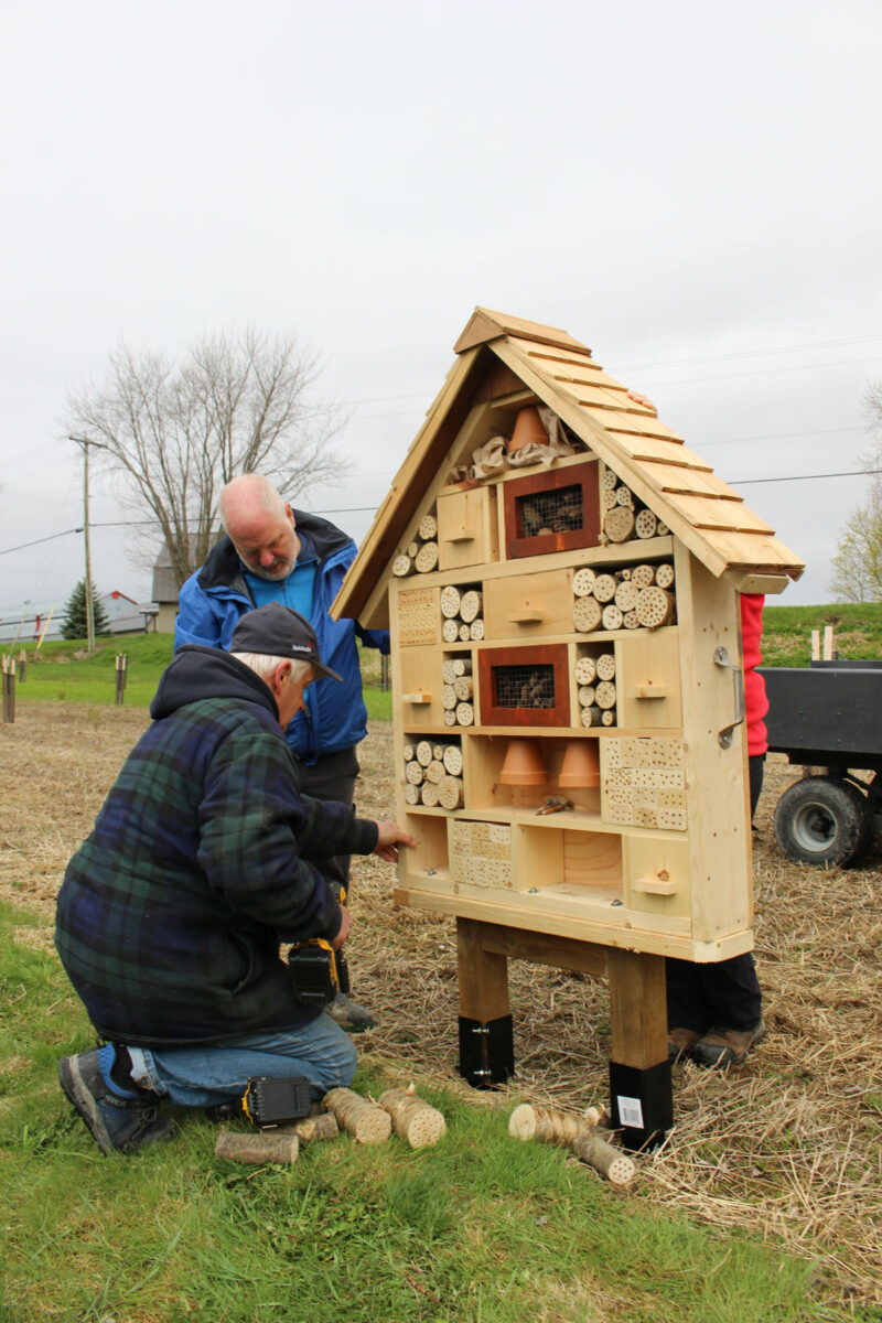 En plus de la plantation, le COBAVERCO installera des structures favorisant la biodiversité telles que cet hôtel de pollinisateurs. Sur la photo, Sylvain Nichols, propriétaire du terrain et producteur agricole, et Patrick Couture, coordonnateur d’Opération PAJE dont les jeunes participants ont construit l’hôtel. Photo gracieuseté�